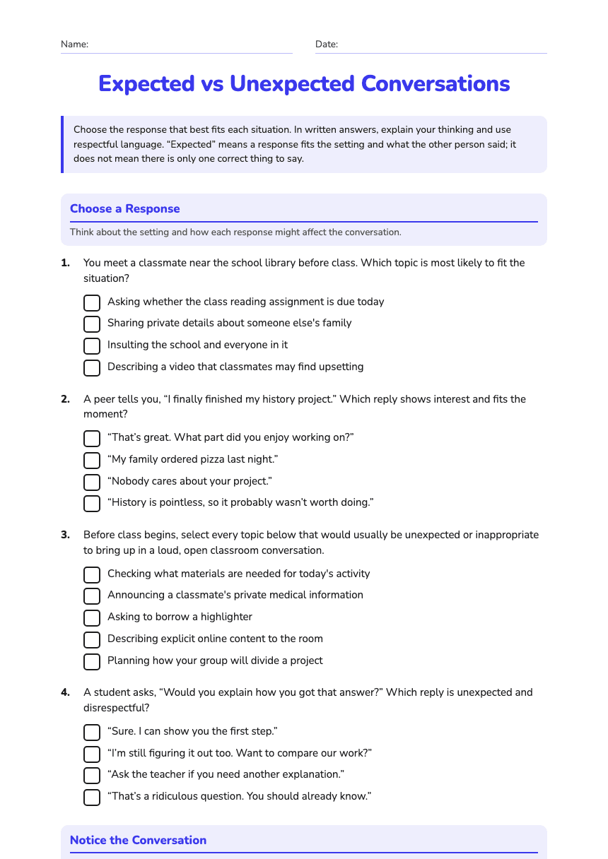 Expected vs Unexpected Conversations worksheet preview