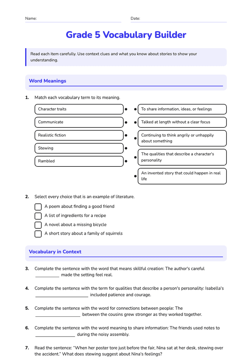 Grade 5 Vocabulary Builder
