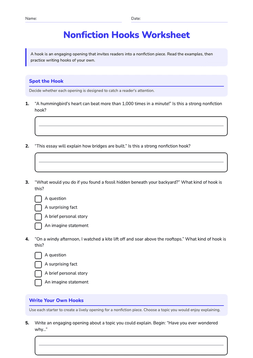 Nonfiction Hooks Worksheet