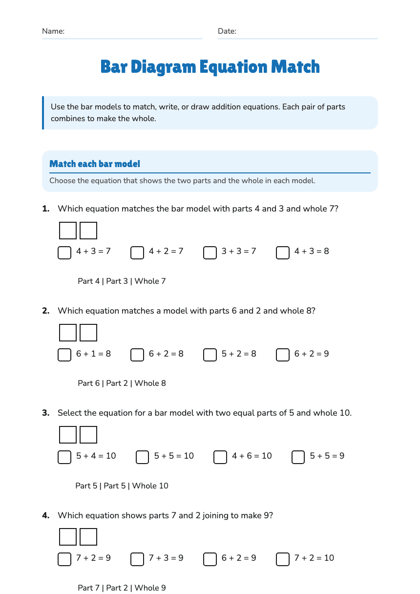 Bar Diagram Equation Match worksheet preview