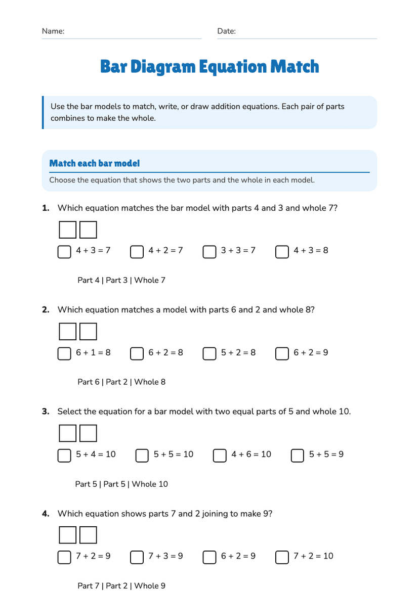Bar Diagram Equation Match