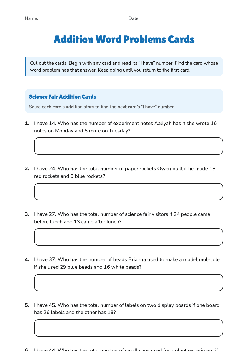 Addition Word Problems Cards worksheet preview