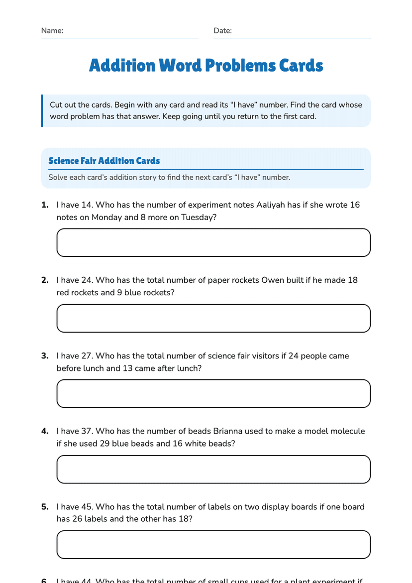 Addition Word Problems Cards