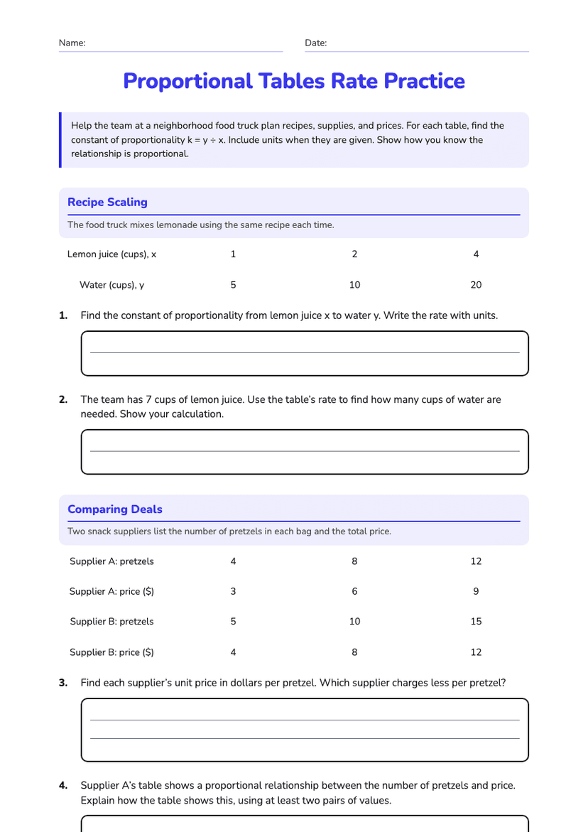 Proportional Tables Rate Practice
