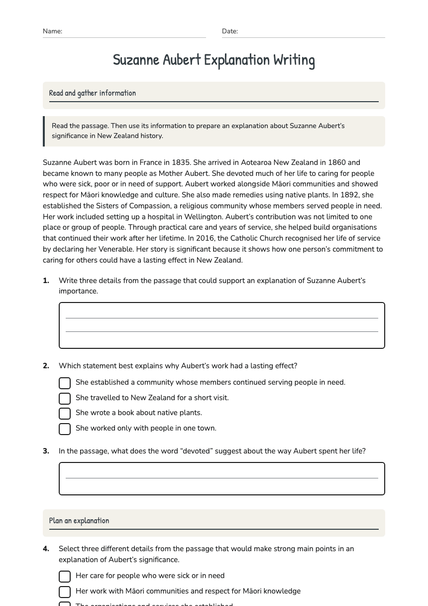 Suzanne Aubert Explanation Writing worksheet preview