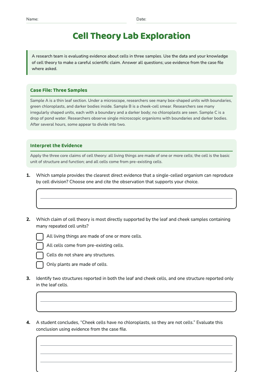 Cell Theory Lab Exploration worksheet preview