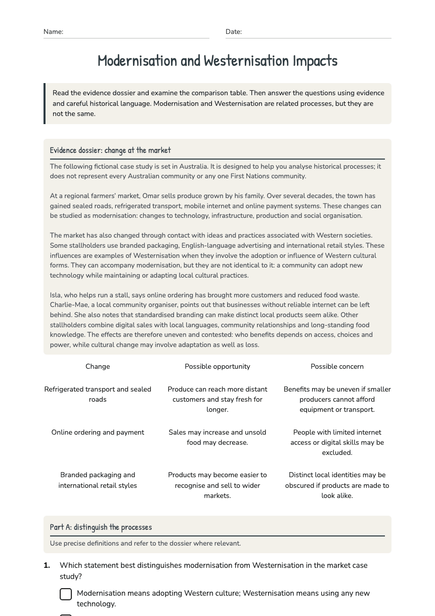 Modernisation and Westernisation Impacts worksheet preview