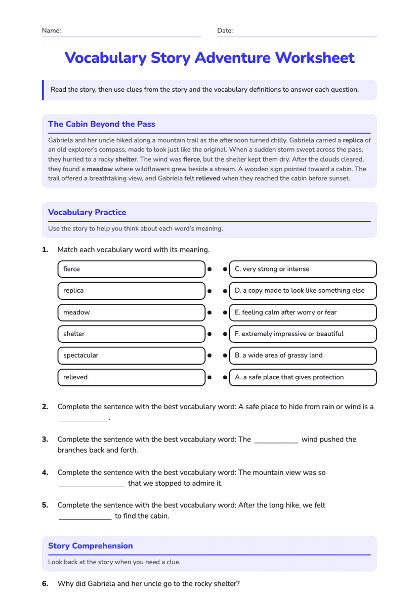 Vocabulary Story Adventure Worksheet
