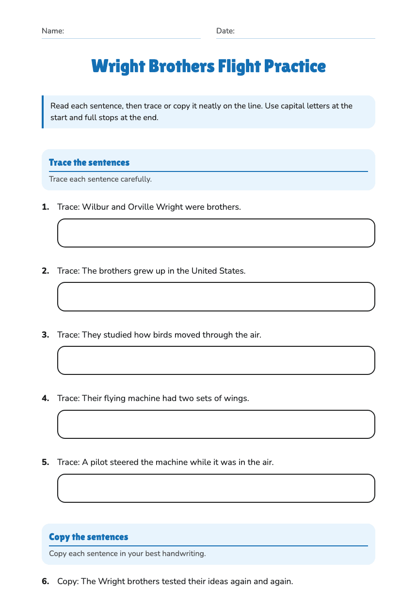 Wright Brothers Flight Practice worksheet preview