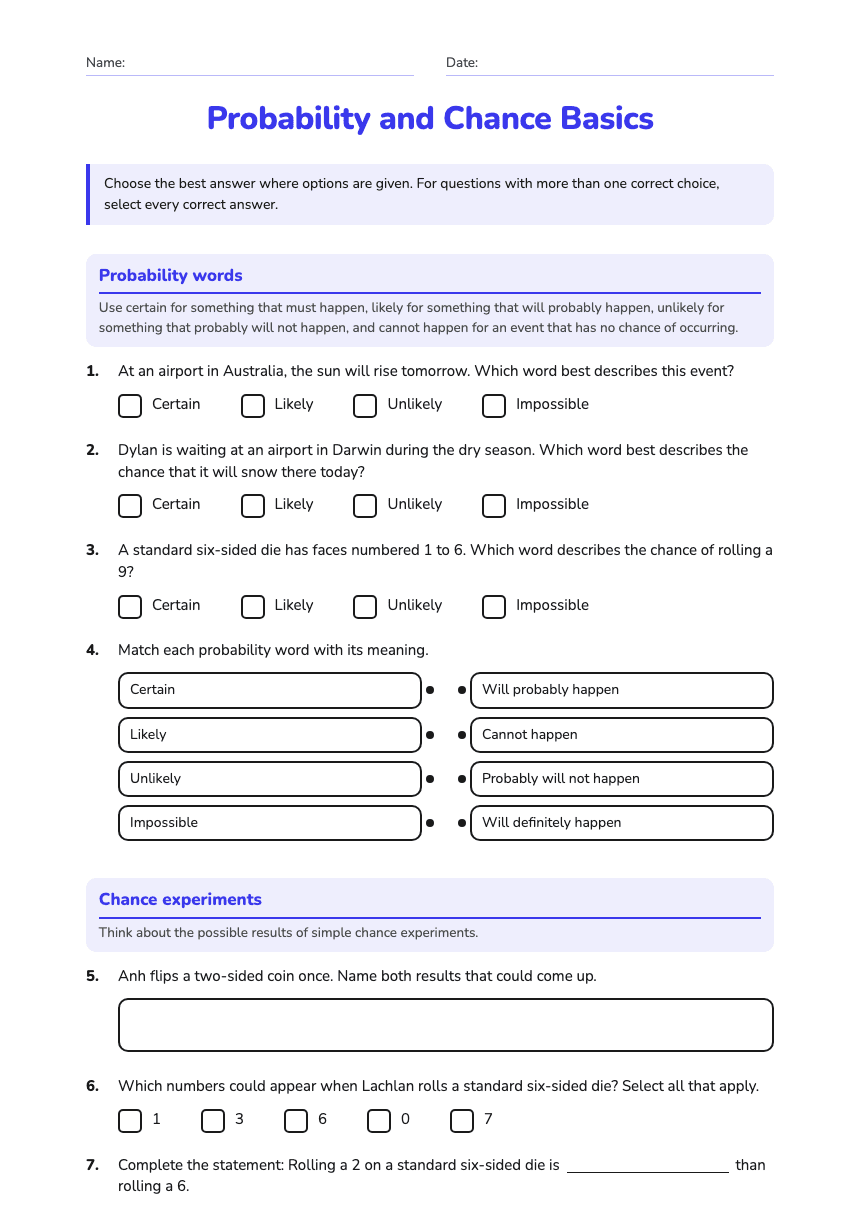 Probability and Chance Basics worksheet preview