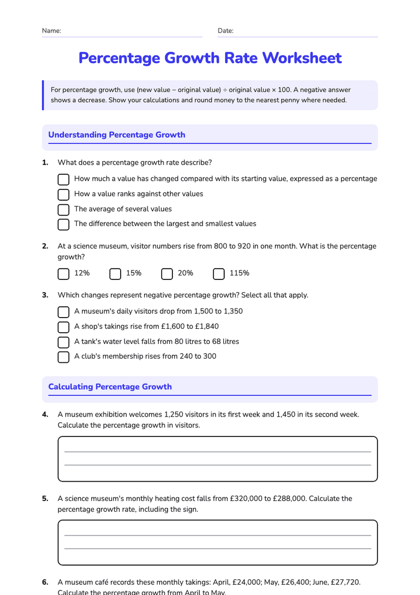 Percentage Growth Rate Worksheet