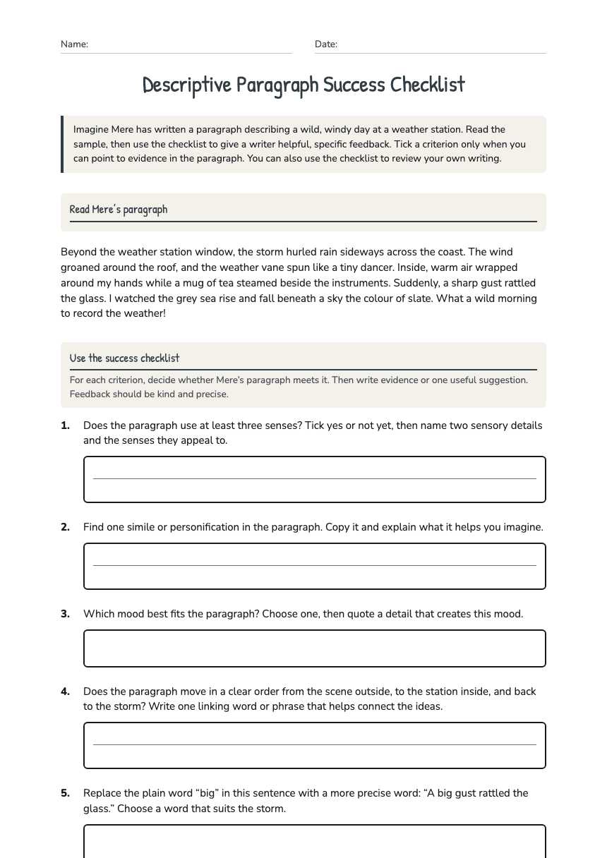 Descriptive Paragraph Success Checklist worksheet preview