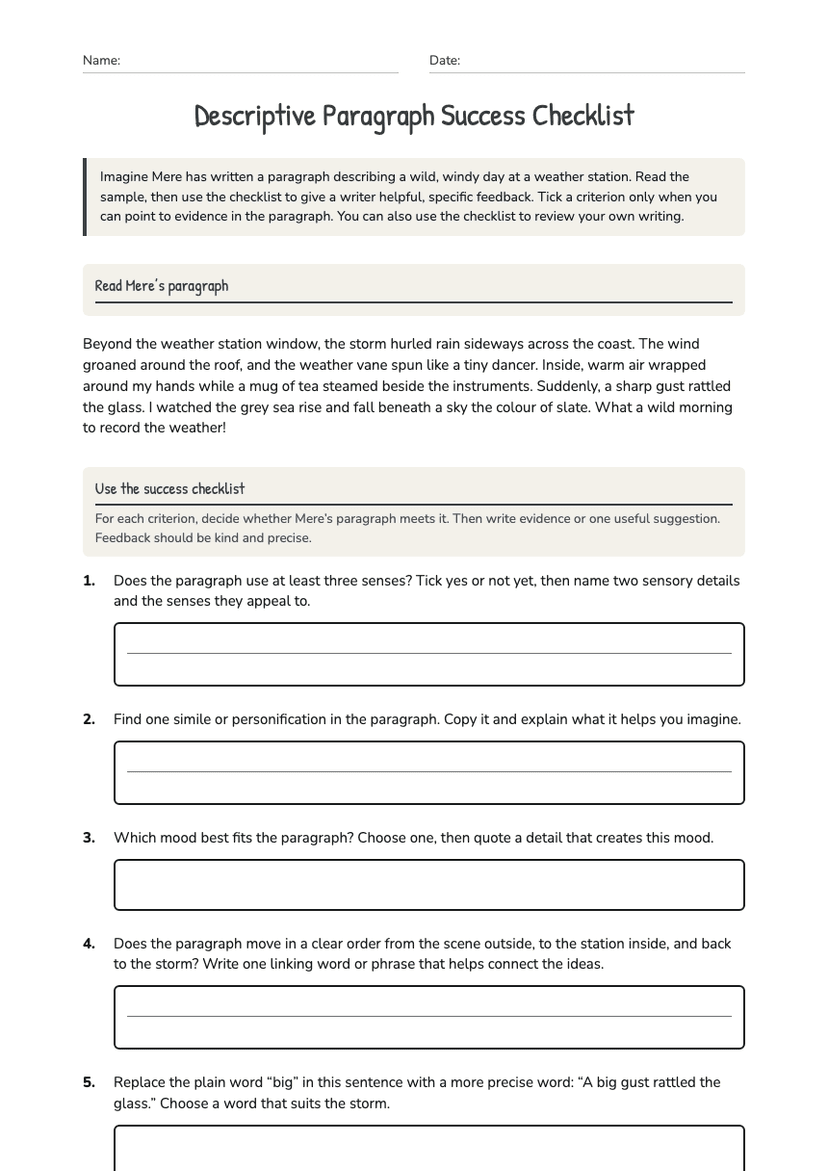 Descriptive Paragraph Success Checklist