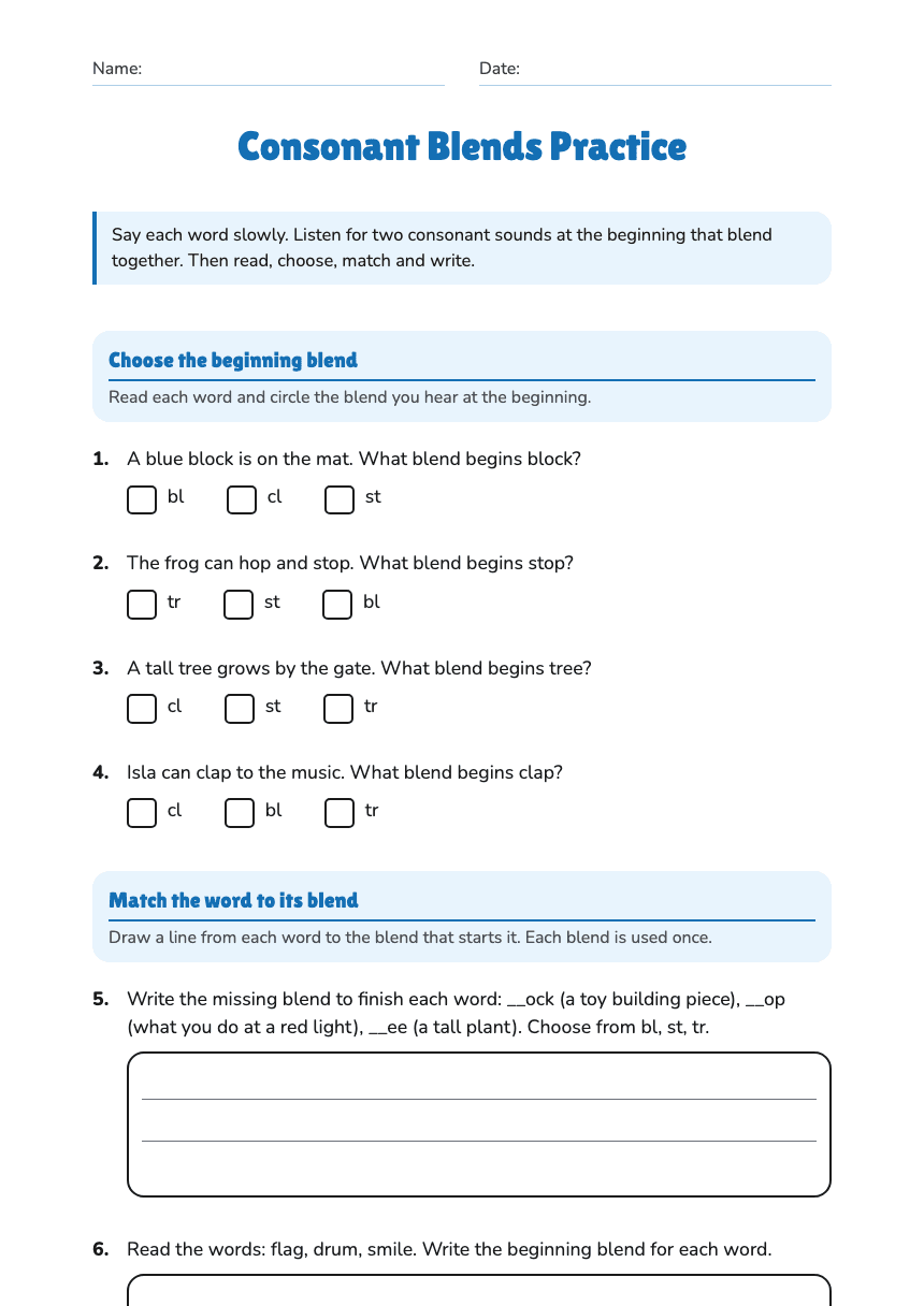 Consonant Blends Practice worksheet preview
