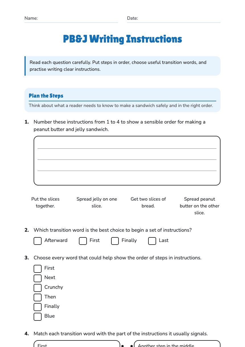 PB&J Writing Instructions worksheet preview