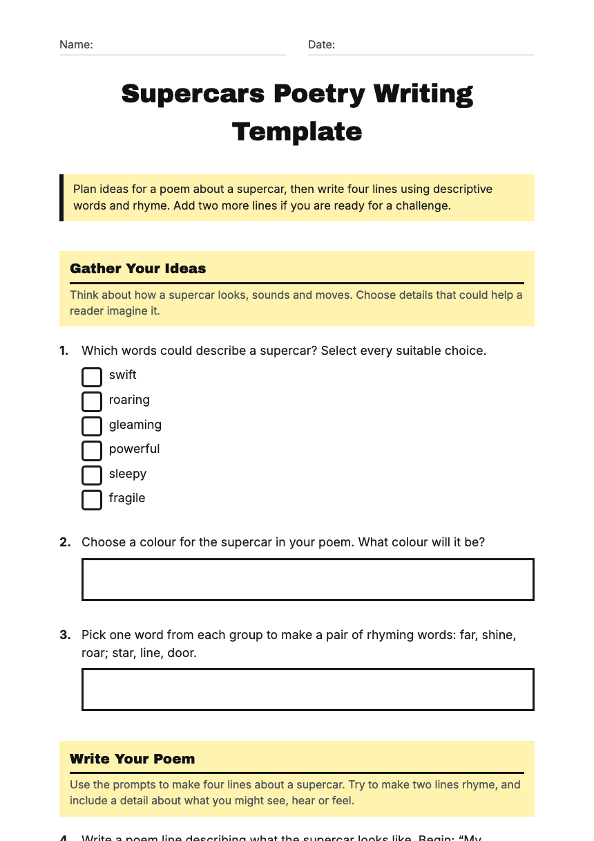 Supercars Poetry Writing Template worksheet preview