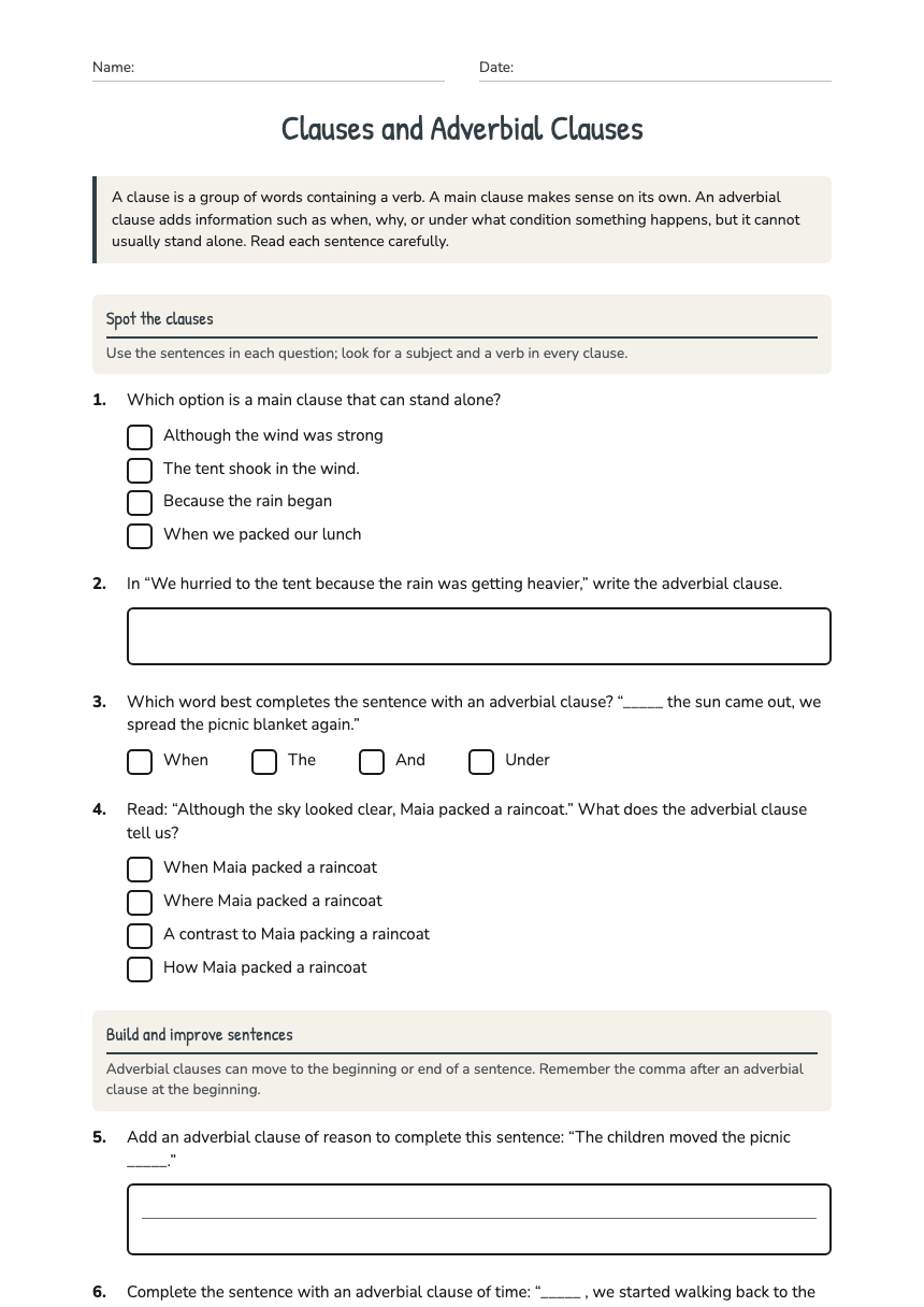 Clauses and Adverbial Clauses worksheet preview