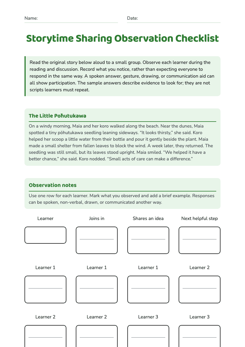 Storytime Sharing Observation Checklist worksheet preview
