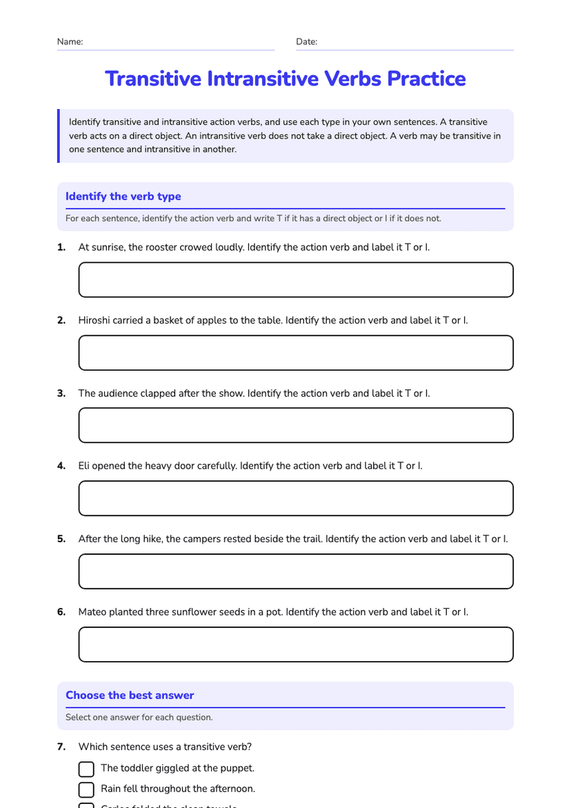 Transitive Intransitive Verbs Practice