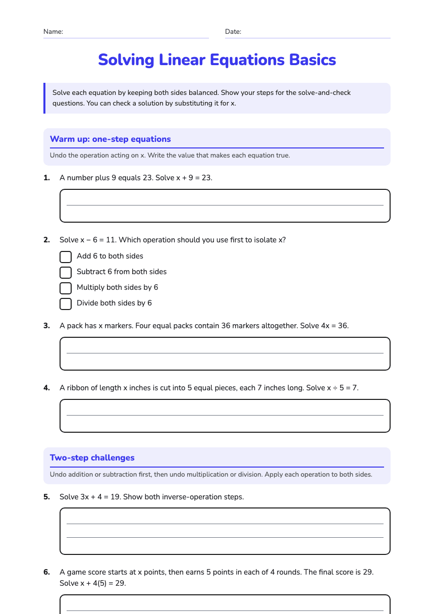 Solving Linear Equations Basics worksheet preview