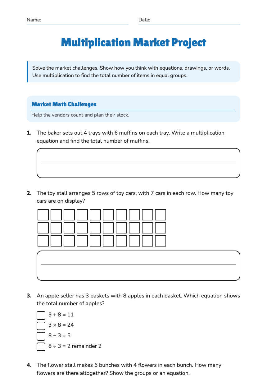 Multiplication Market Project worksheet preview