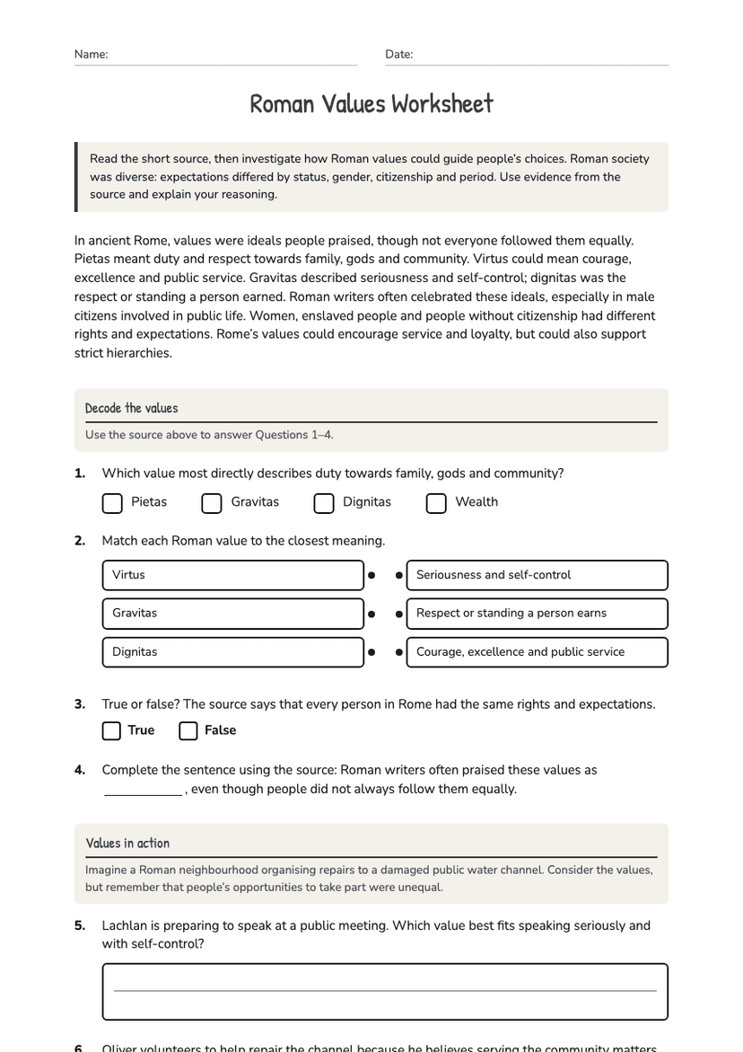 Roman Values Worksheet