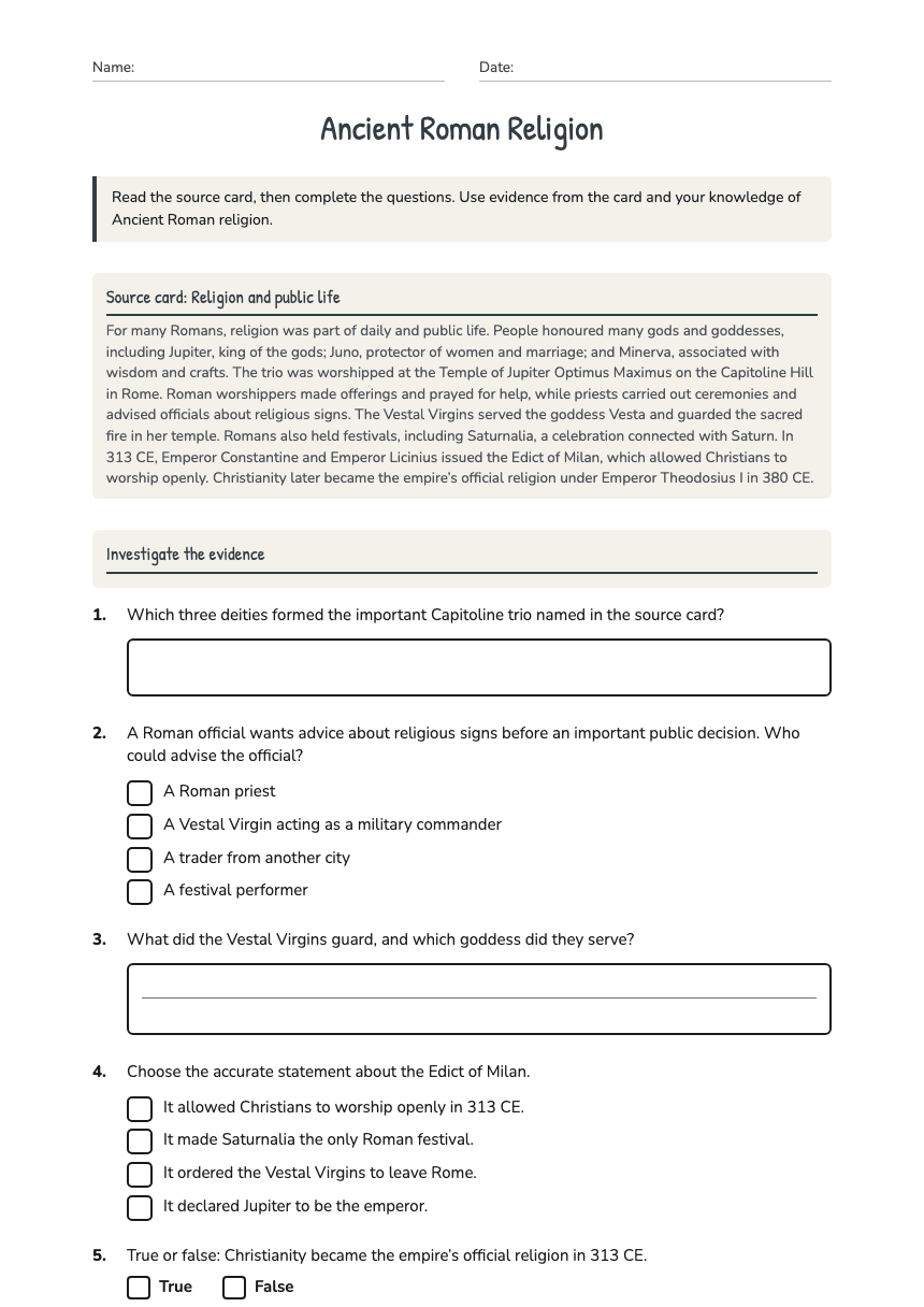 Ancient Roman Religion worksheet preview