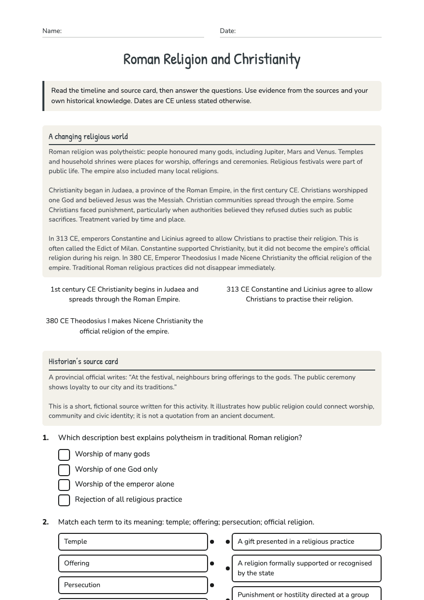 Roman Religion and Christianity worksheet preview