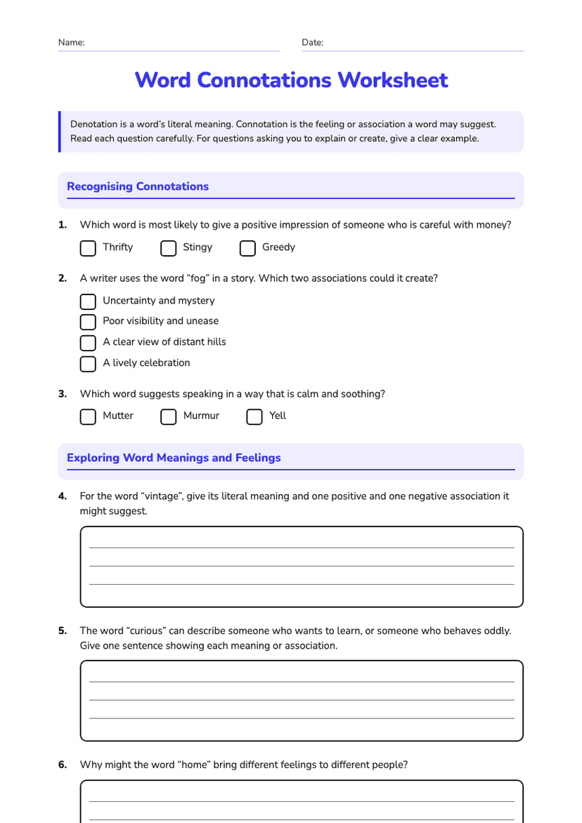 Word Connotations Worksheet