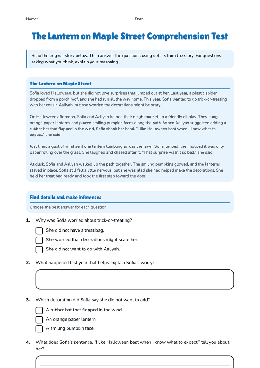 The Lantern on Maple Street Comprehension Test