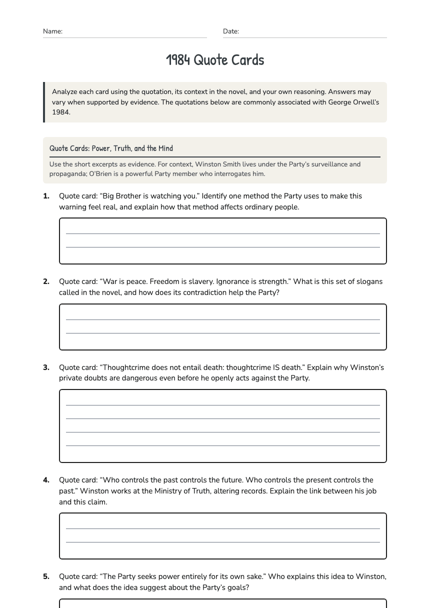 1984 Quote Cards worksheet preview