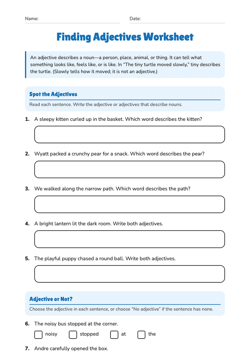 Finding Adjectives Worksheet
