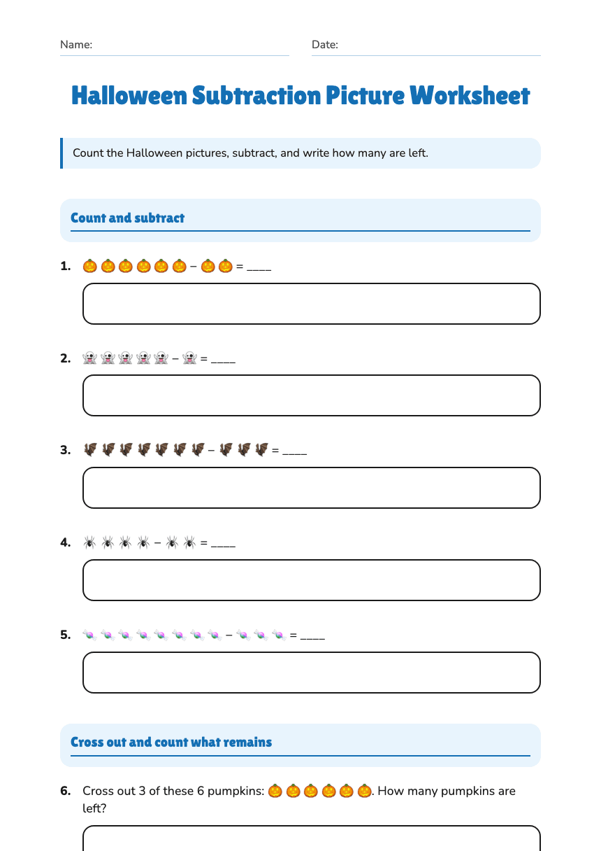 Halloween Subtraction Picture Worksheet worksheet preview