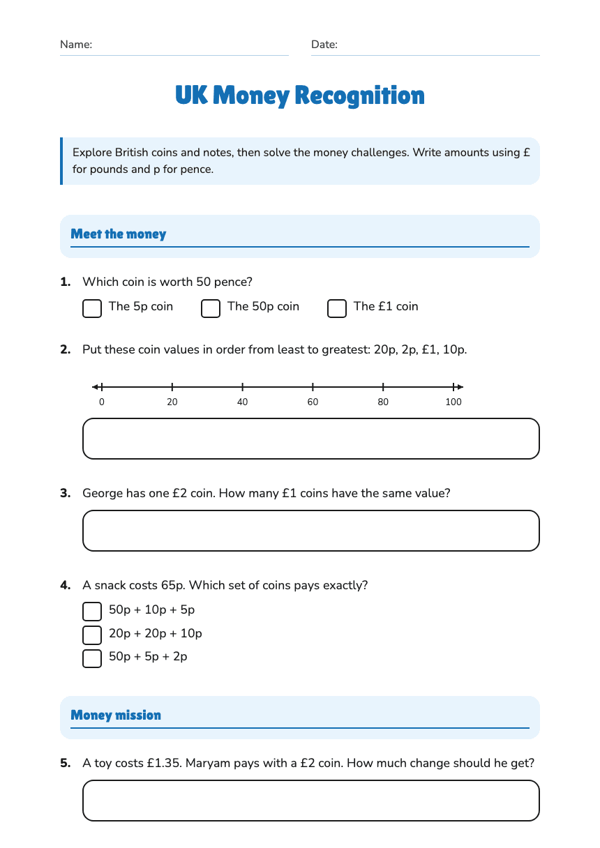 UK Money Recognition worksheet preview