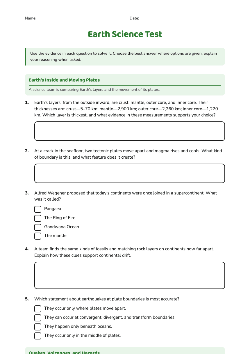 Earth Science Test worksheet preview
