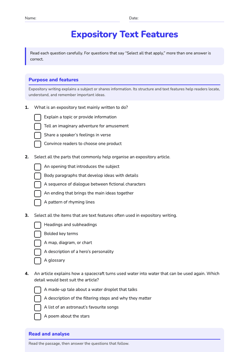 Expository Text Features worksheet preview