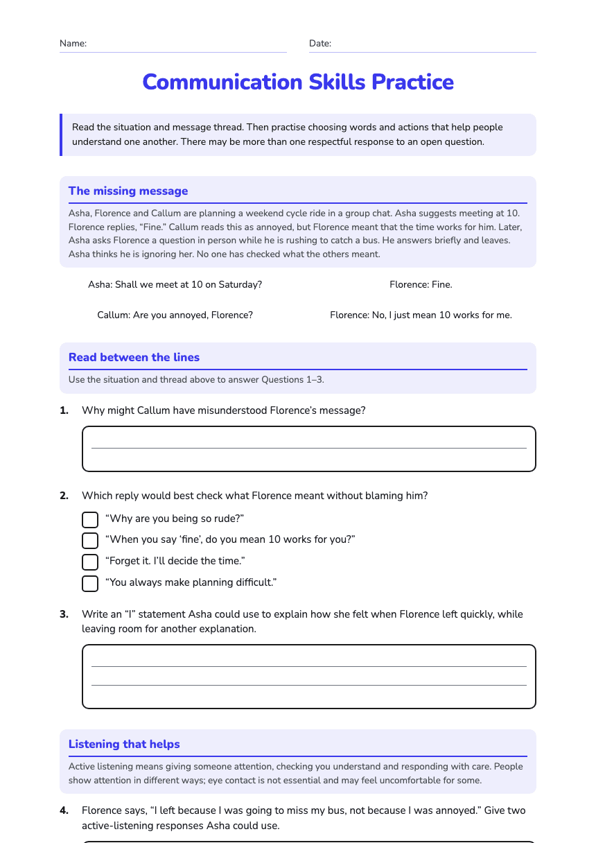 Communication Skills Practice worksheet preview