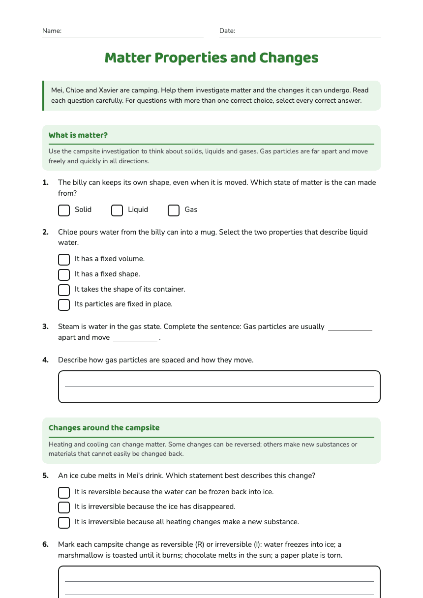 Matter Properties and Changes worksheet preview