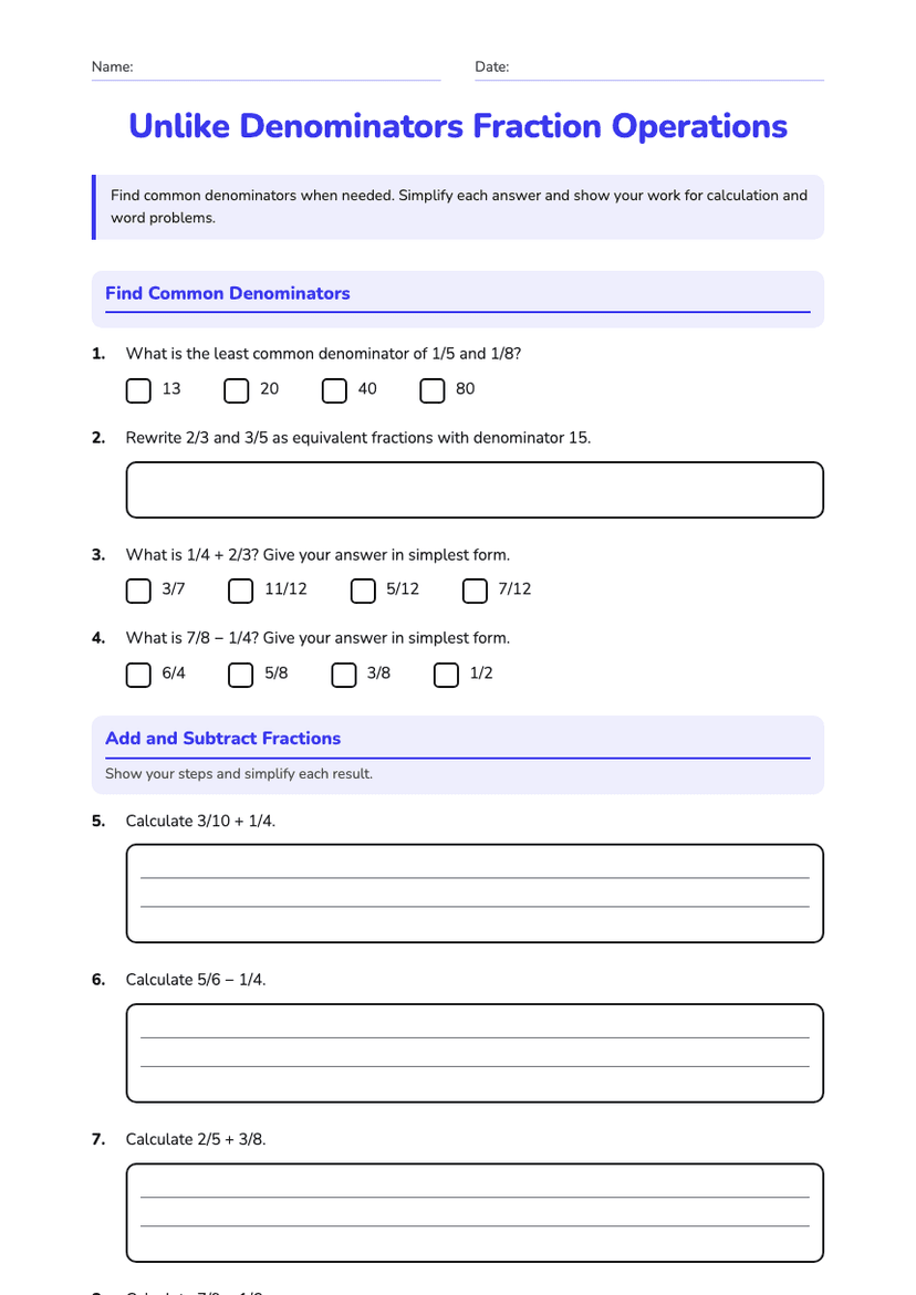 Unlike Denominators Fraction Operations