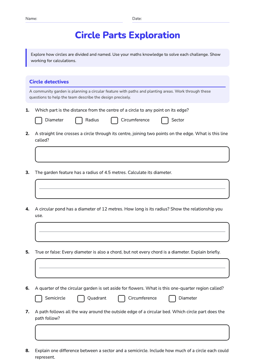 Circle Parts Exploration worksheet preview
