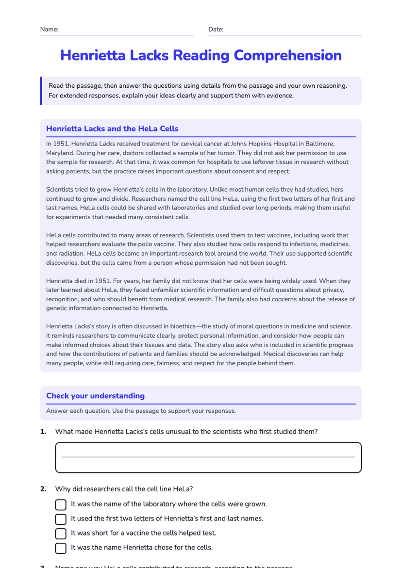 Henrietta Lacks Reading Comprehension