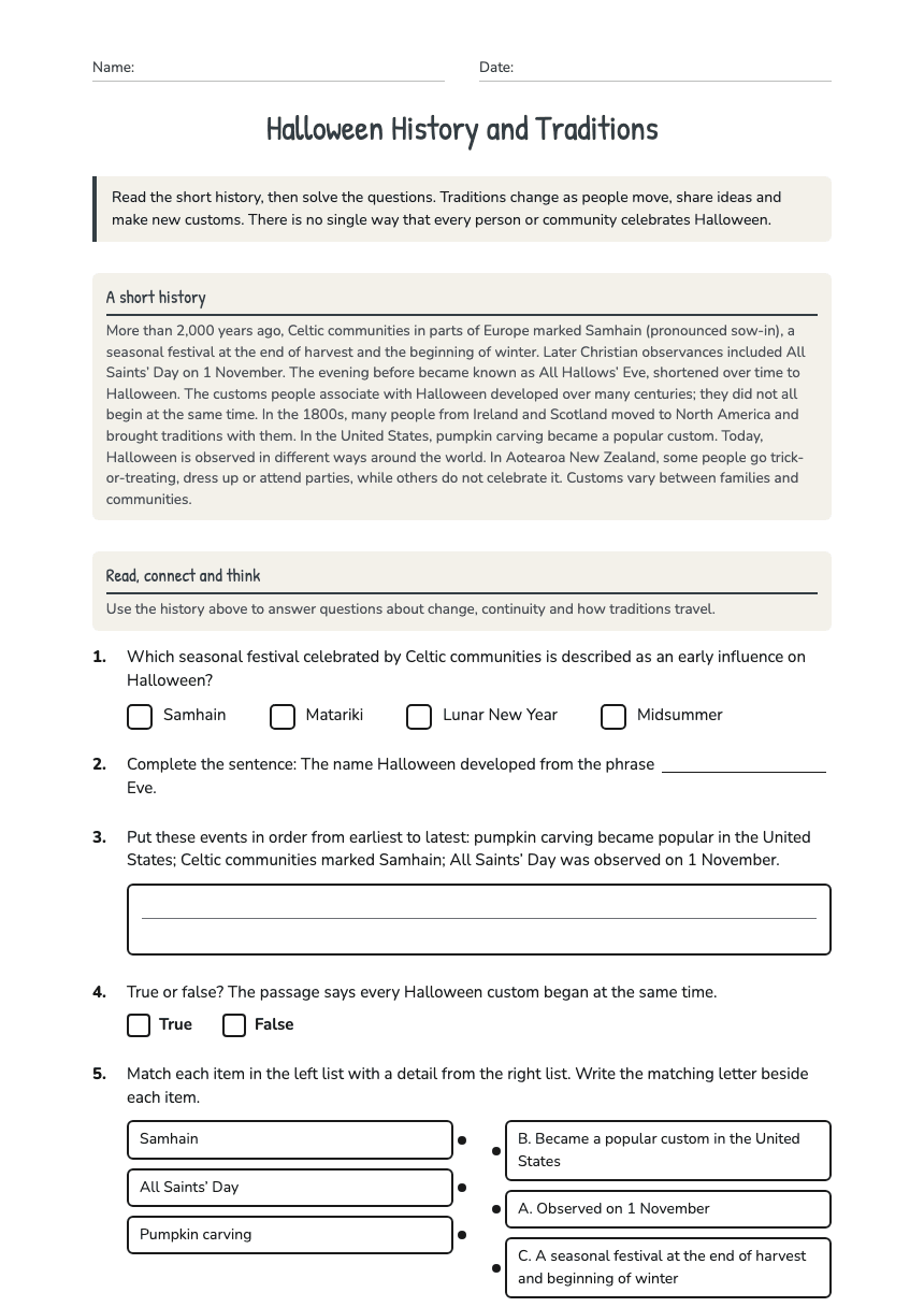 Halloween History and Traditions worksheet preview