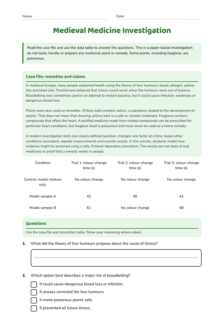 Medieval Medicine Investigation worksheet preview