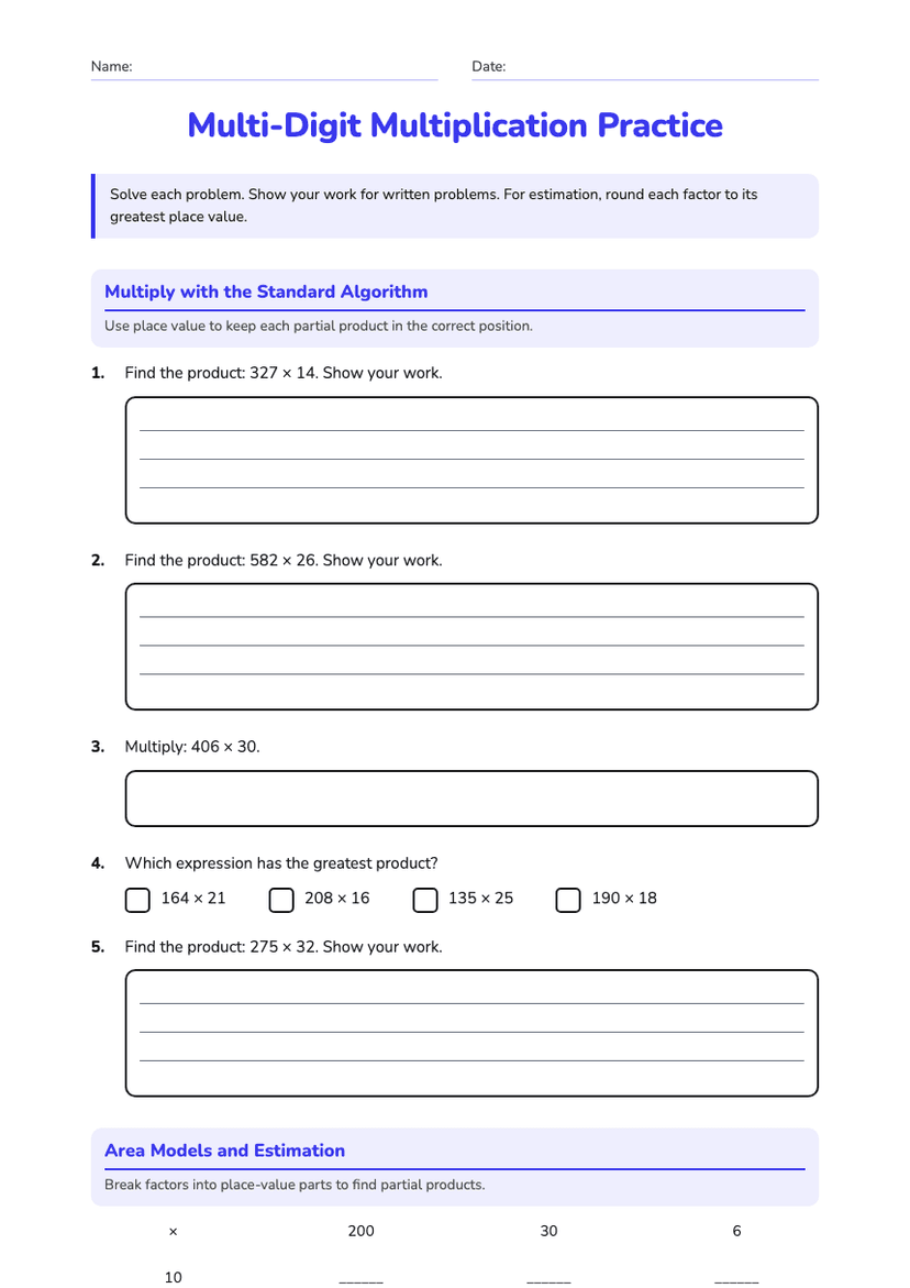 Multi-Digit Multiplication Practice
