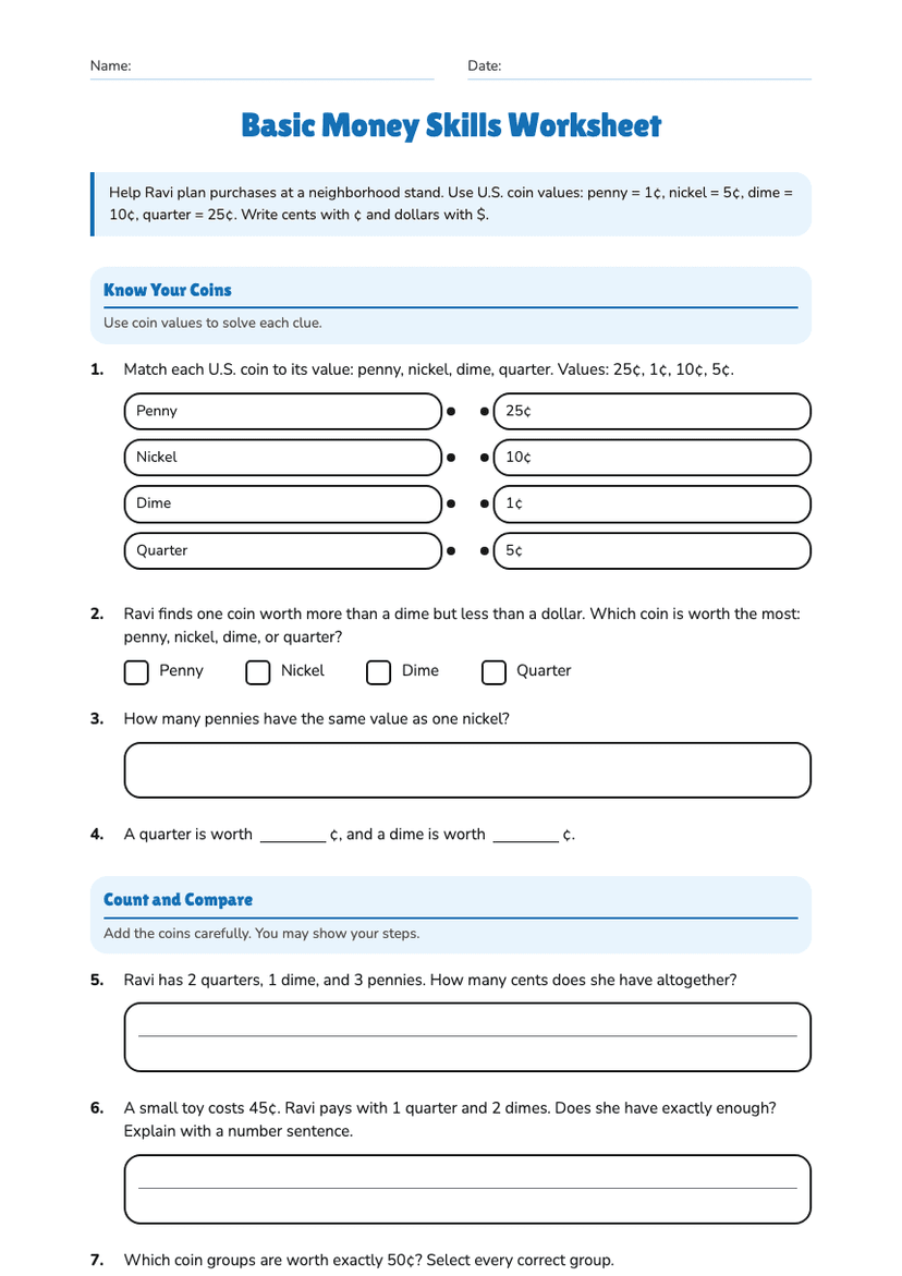 Basic Money Skills Worksheet