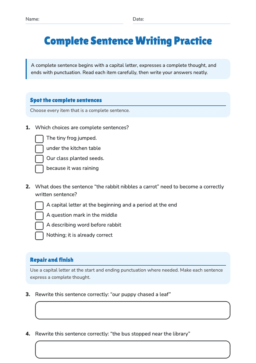 Complete Sentence Writing Practice