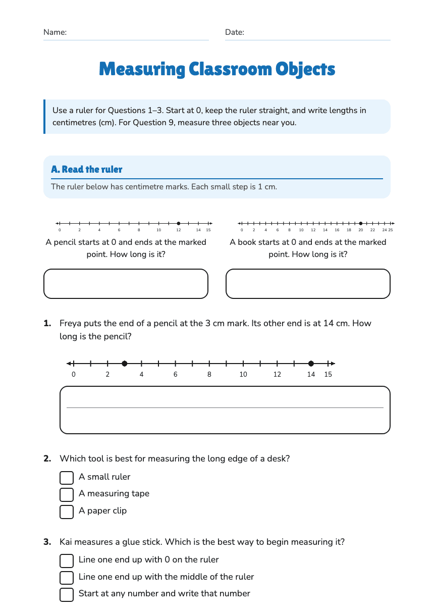 Measuring Classroom Objects worksheet preview