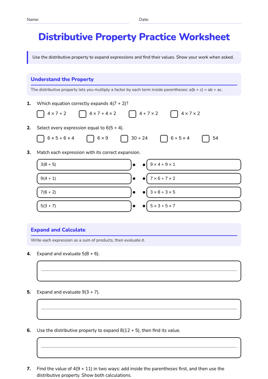 Distributive Property Practice Worksheet worksheet preview