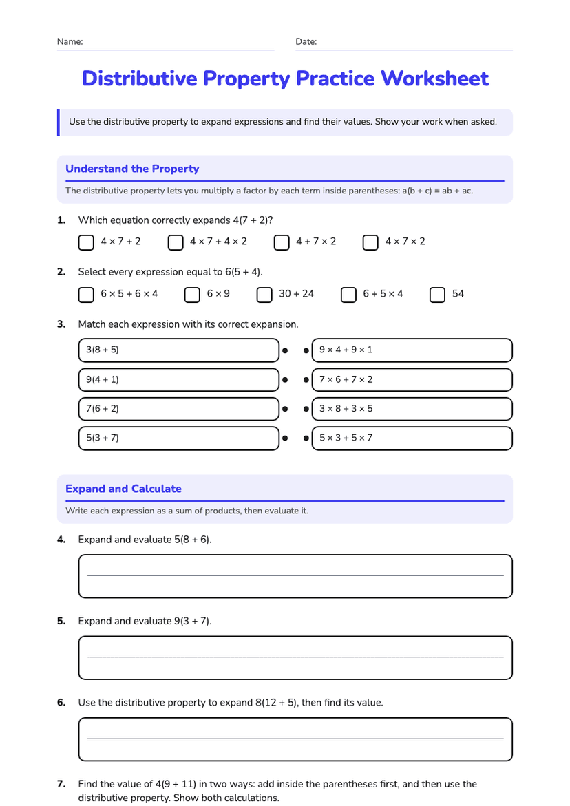 Distributive Property Practice Worksheet