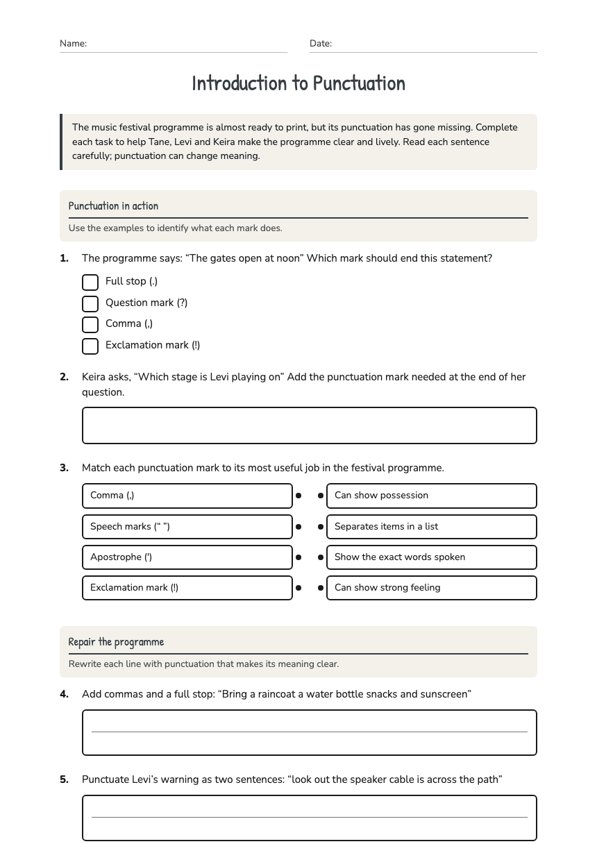 Introduction to Punctuation worksheet preview